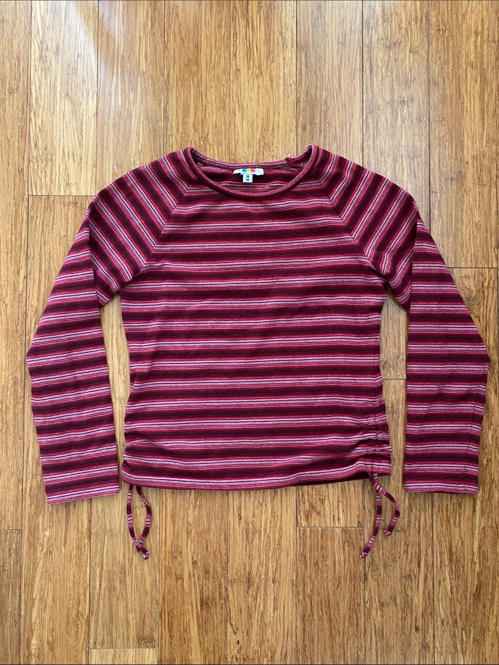 Ecko Unlimited Burgundy and Pink Striped Long-Sleeve Tee with Side Drawstrings